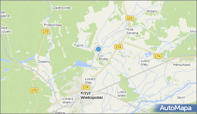 mapa Brzegi, Brzegi gmina Krzyż Wielkopolski na mapie Targeo